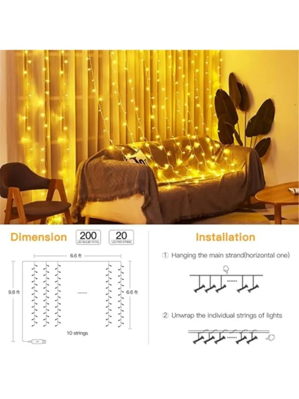 LED Curtain String Lights Warm White USB Fairy Lights Remote Waterproof